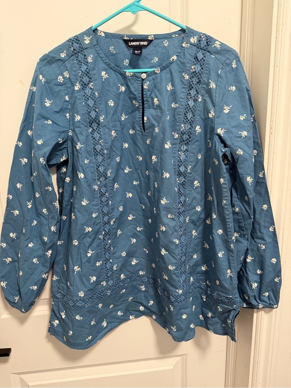 Lands' End Blue Floral Lace-Accent Tunic